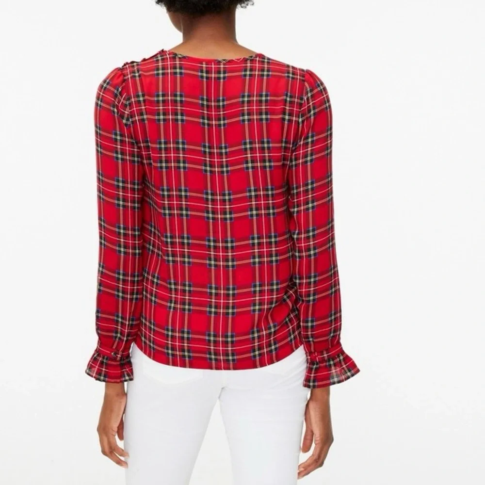 J. Crew | Women’s Red/Multi Tartan Plaid Crewneck Ruffle Sleeve Hems Top, Size S